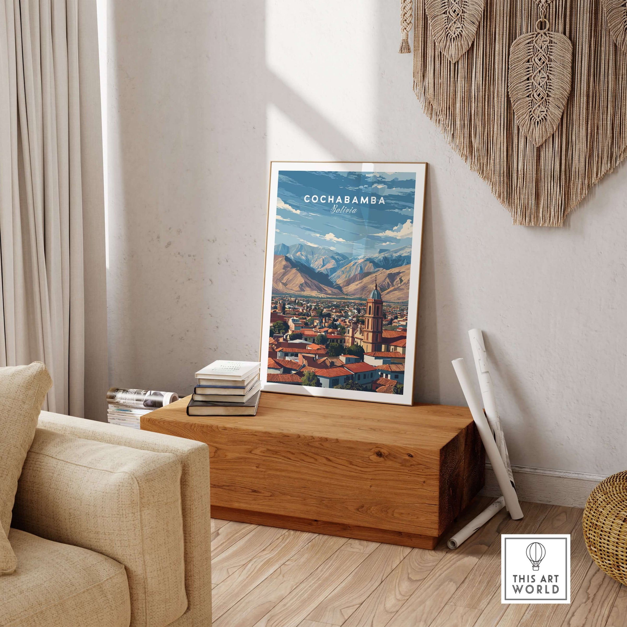 Cochabamba Bolivia Mountain City Poster - Dramatic Andes Landscape Print displayed in a cozy living room setting.