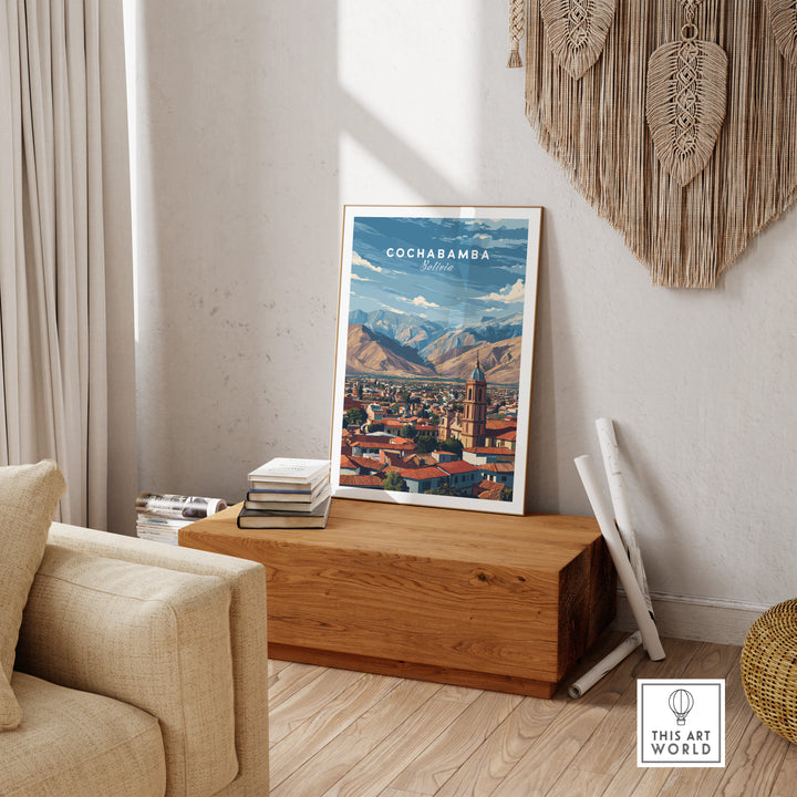 Cochabamba Bolivia mountain city poster showcasing Andes landscape in a cozy living room setting.