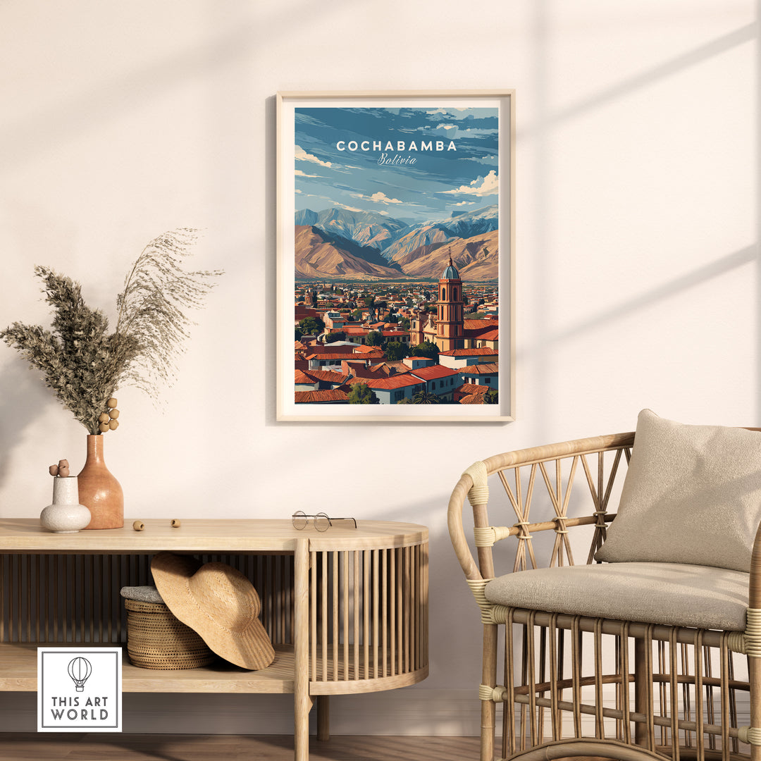 Cochabamba Bolivia mountain city poster highlighting Andes landscape in stylish interior setting.