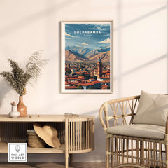 Cochabamba Bolivia Mountain City Poster - Dramatic Andes Landscape Print displayed in a cozy interior setting.