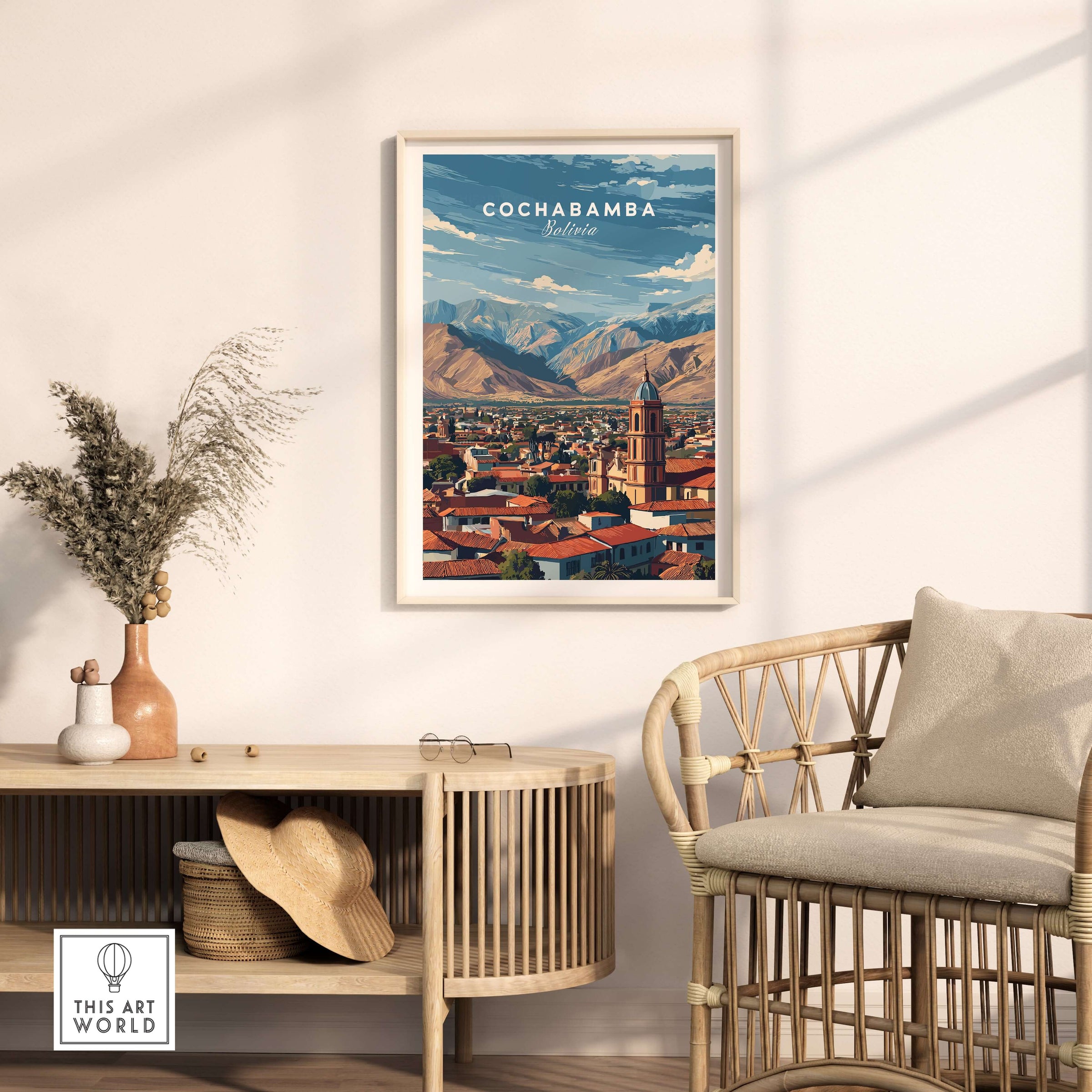 Cochabamba Bolivia Mountain City Poster - Dramatic Andes Landscape Print displayed in a cozy interior setting.
