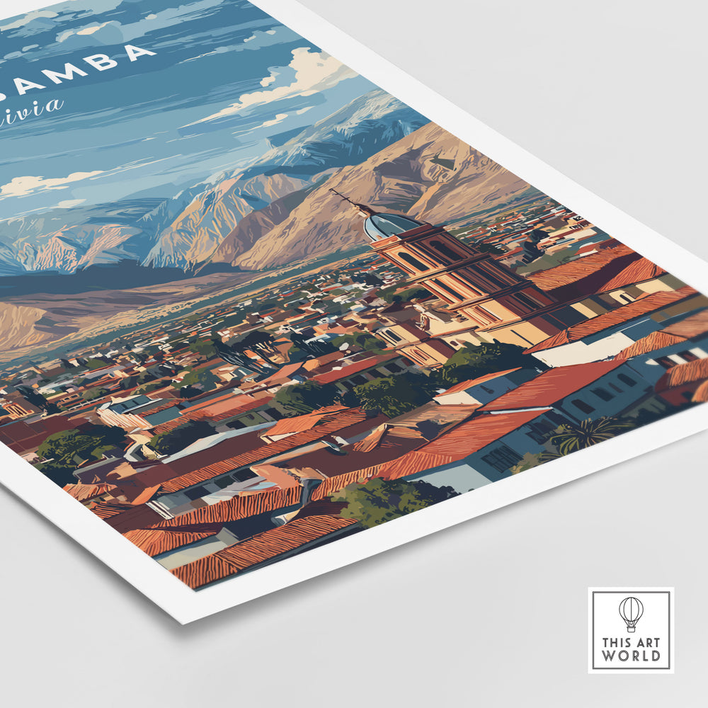 Cochabamba Bolivia mountain city poster featuring a panoramic view of Andes landscape and urban scenery.