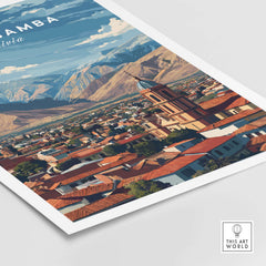 Cochabamba Bolivia Mountain City Poster - Dramatic Andes Landscape Print showcasing the city with Andes mountains in the background.
