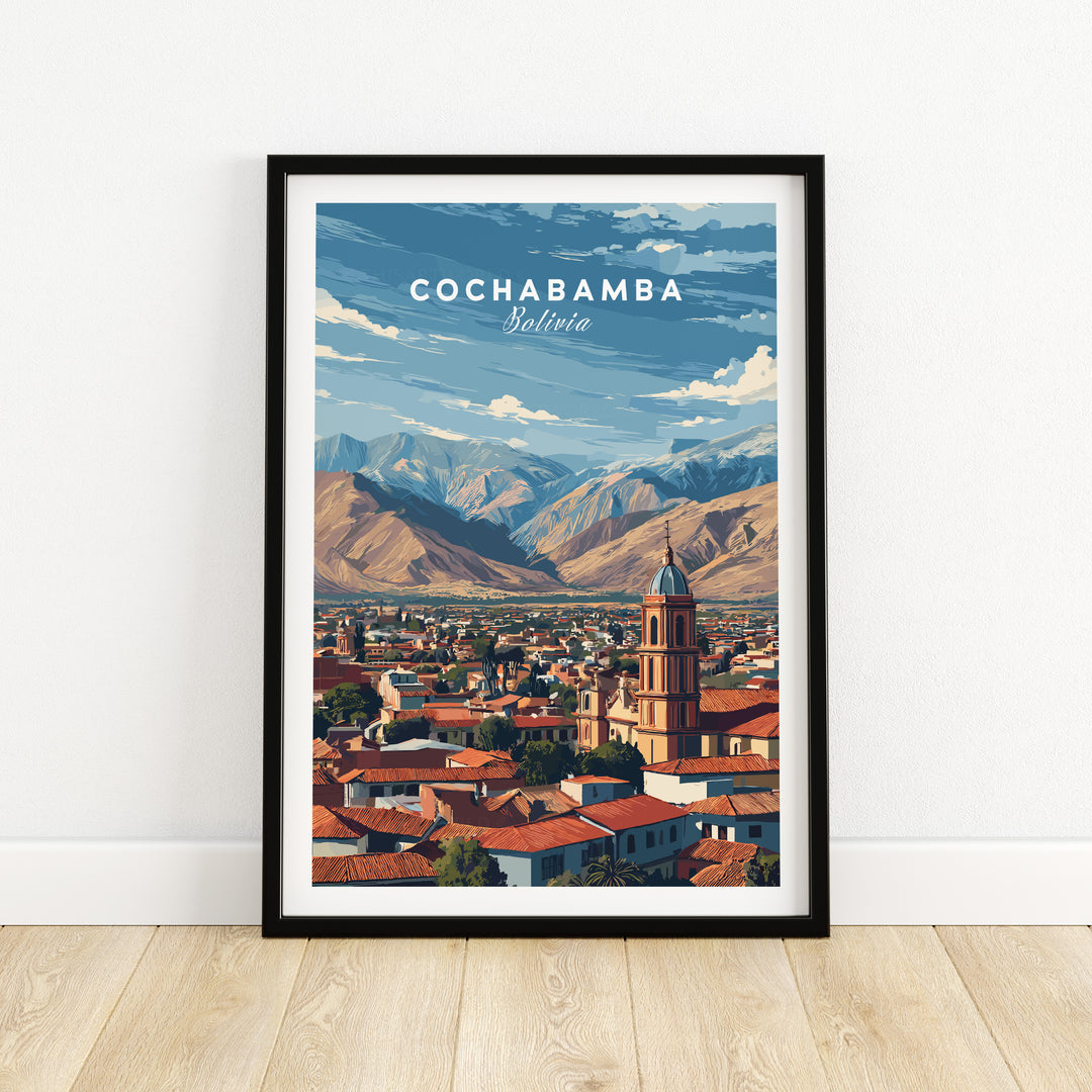 Cochabamba Bolivia mountain city poster showcasing Andes landscape and urban scenery.