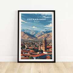 Cochabamba Bolivia Mountain City Poster - Dramatic Andes Landscape Print showcasing a detailed view of the city and mountains.