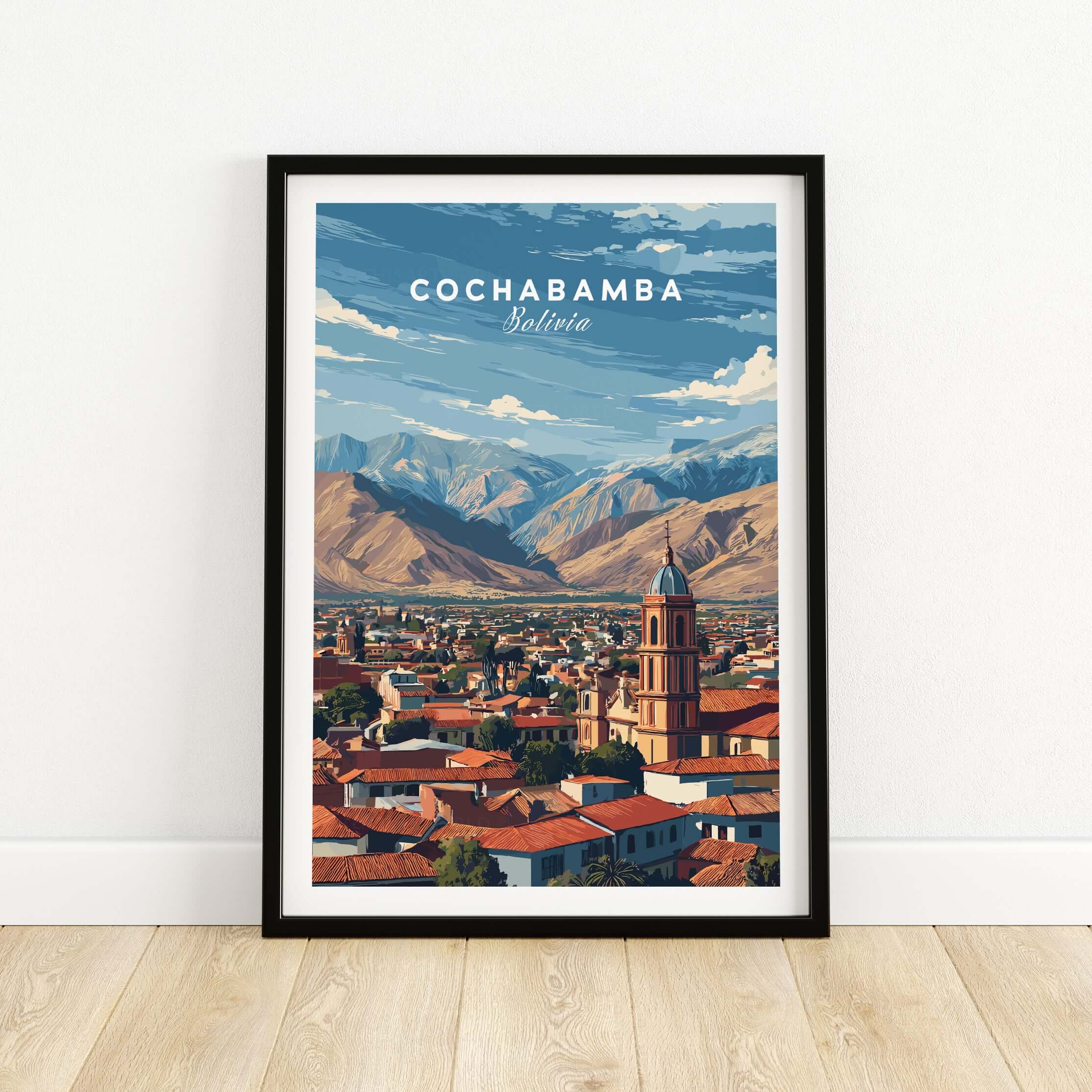 Cochabamba Bolivia Mountain City Poster - Dramatic Andes Landscape Print showcasing a detailed view of the city and mountains.