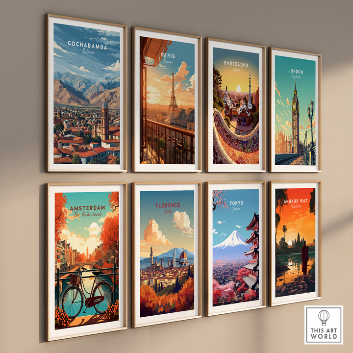Collection of vintage city posters including Cochabamba, Paris, Barcelona, and more on a gallery wall.