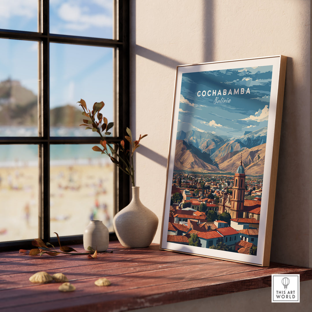 Cochabamba Bolivia mountain city poster showcasing Andes landscape from a cozy interior setting.