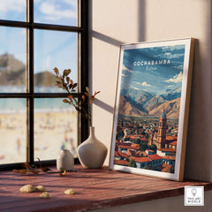 Cochabamba Bolivia Mountain City Poster - Dramatic Andes Landscape Print displayed by a sunny window.
