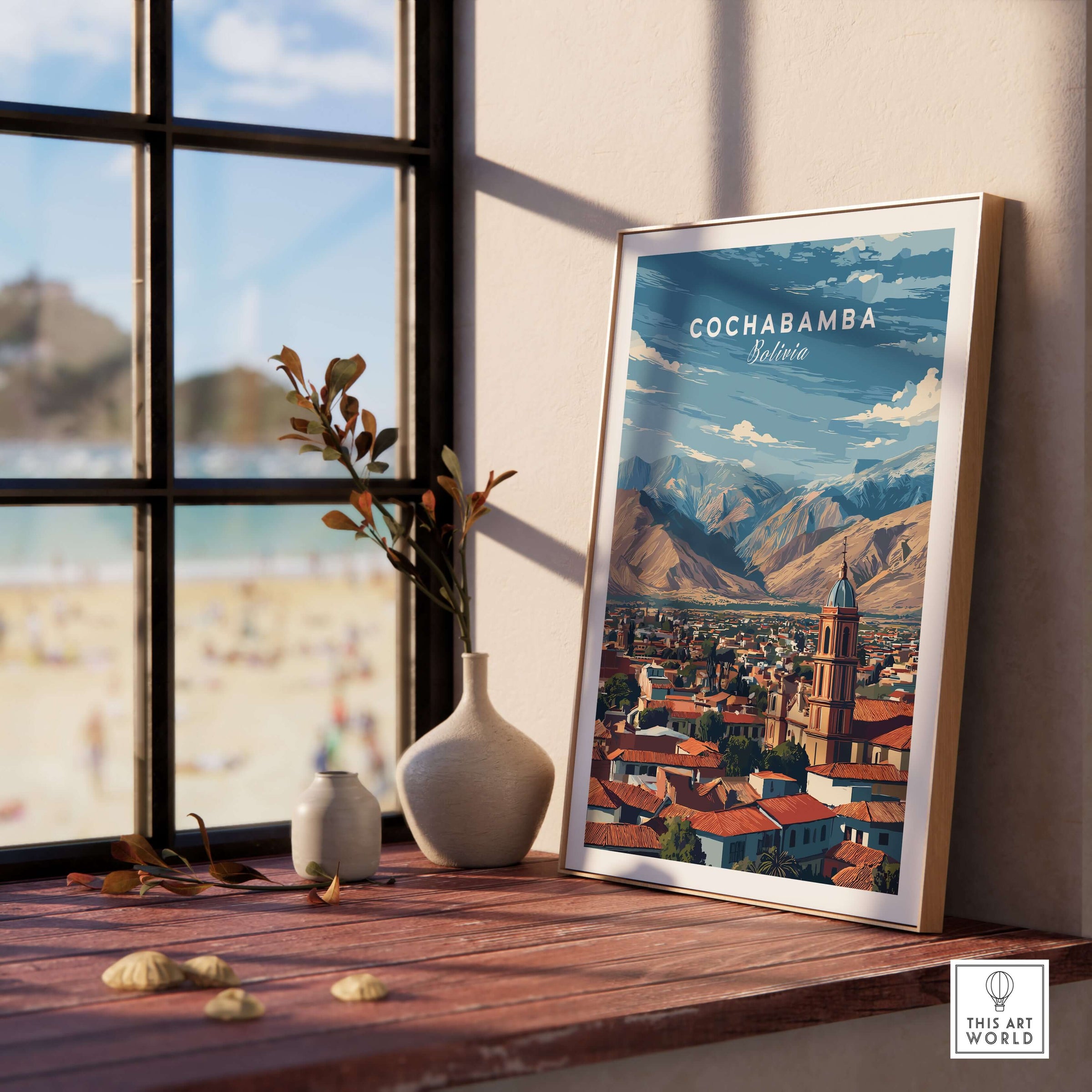Cochabamba Bolivia Mountain City Poster - Dramatic Andes Landscape Print displayed by a sunny window.
