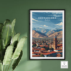 Cochabamba Bolivia Mountain City Poster - Dramatic Andes Landscape Print showcasing the vibrant city framed by majestic mountains.