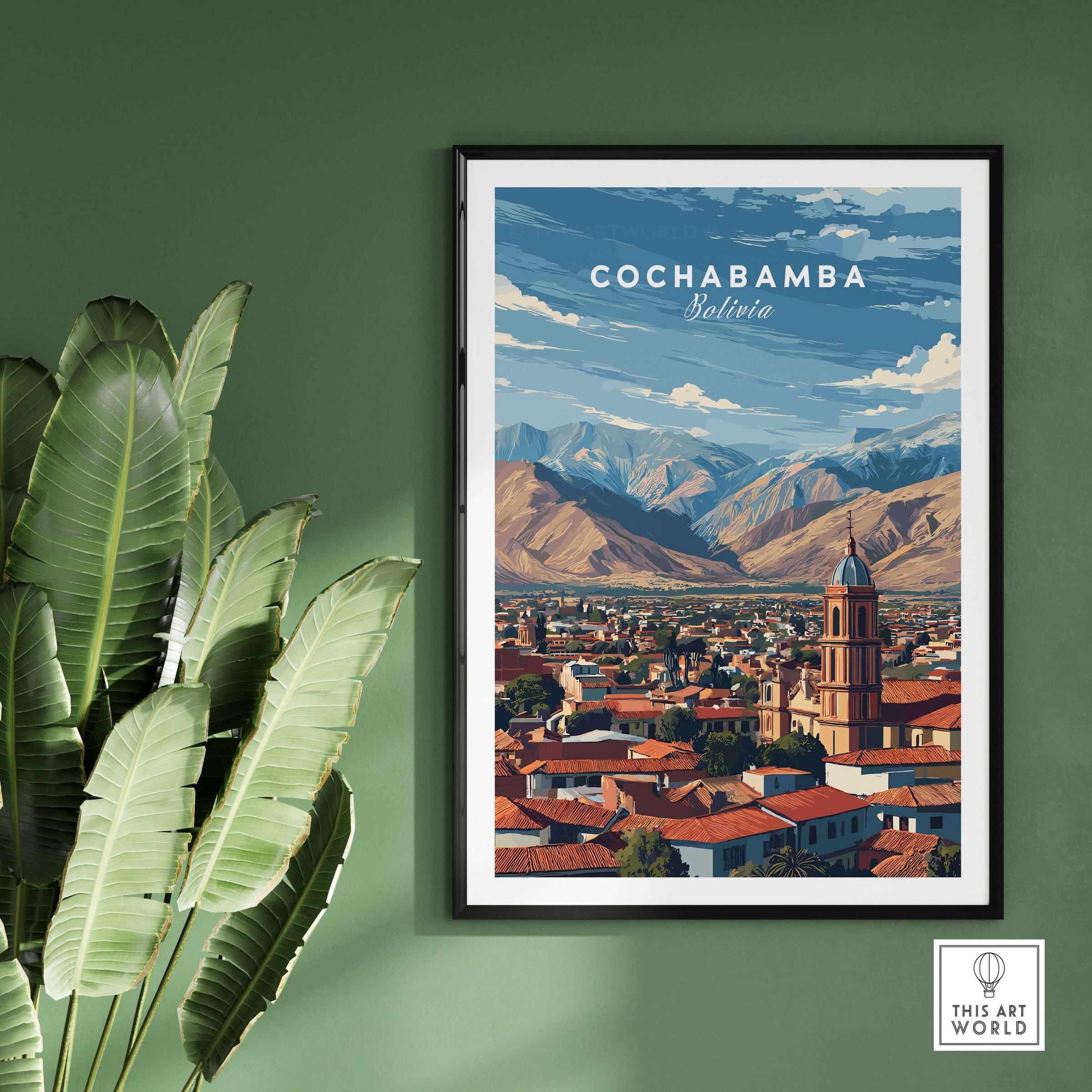 Cochabamba Bolivia Mountain City Poster - Dramatic Andes Landscape Print showcasing the vibrant city framed by majestic mountains.