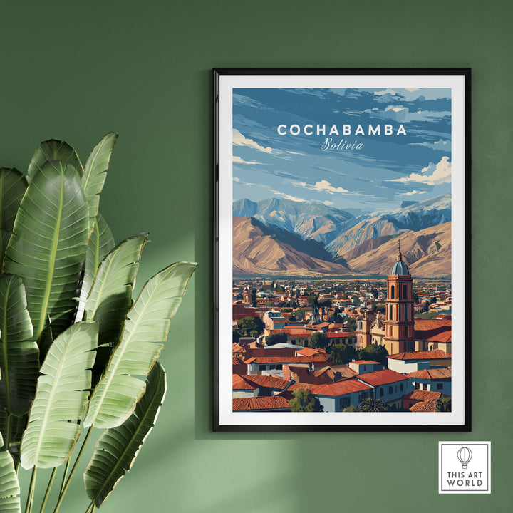 Cochabamba Bolivia mountain city poster showcasing Andes landscape and vibrant urban scenery.
