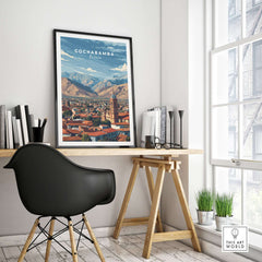 Cochabamba Bolivia Mountain City Poster - Dramatic Andes Landscape Print showcased in a stylish interior with modern decor.