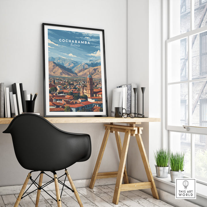 Cochabamba Bolivia mountain city poster showcasing Andes landscape in modern workspace setting.