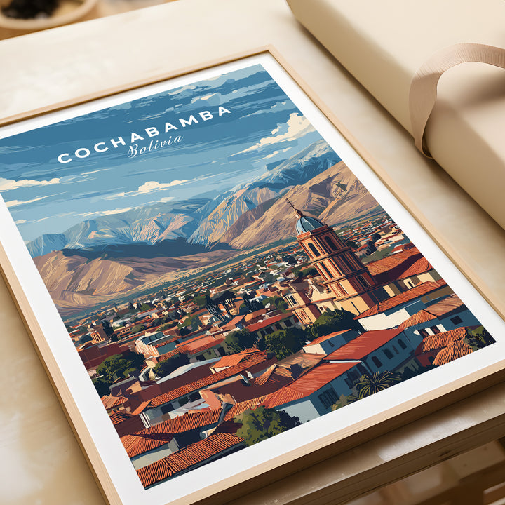 Cochabamba Bolivia mountain city poster showcasing the Andes landscape and urban scenery.