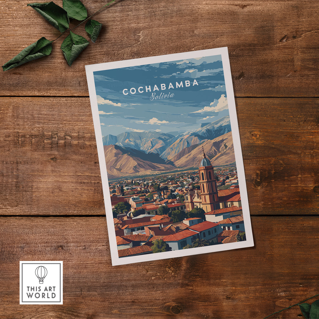Cochabamba Bolivia mountain city poster featuring dramatic Andes landscape and urban scenery.