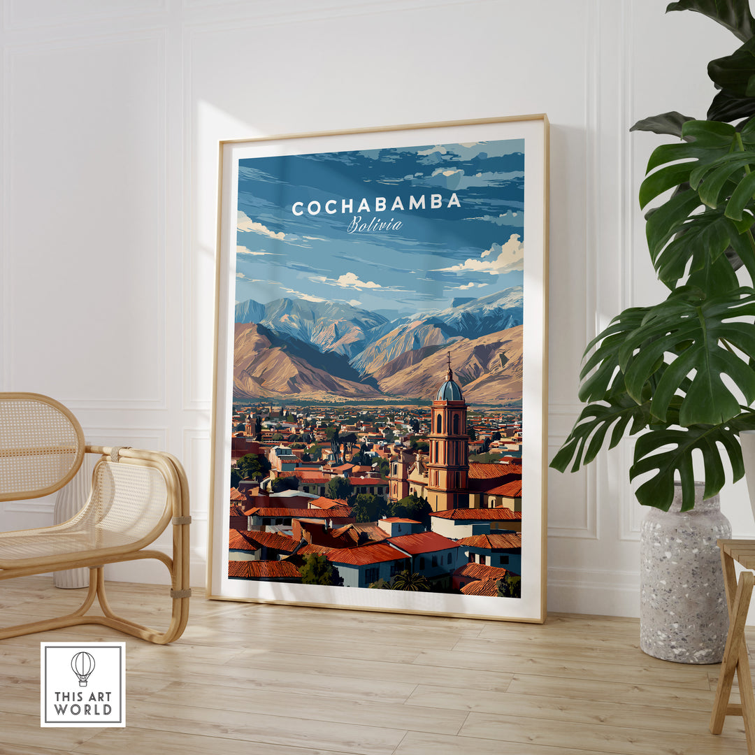 Cochabamba Bolivia mountain city poster showcasing the Andes landscape and urban scenery in a stylish setting.