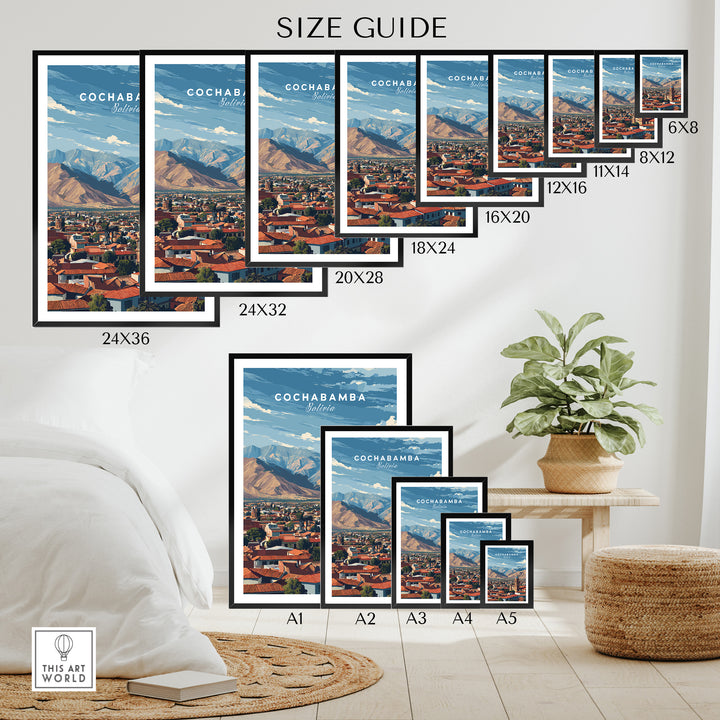 Size guide for Cochabamba mountain city poster prints featuring various dimensions and frames.