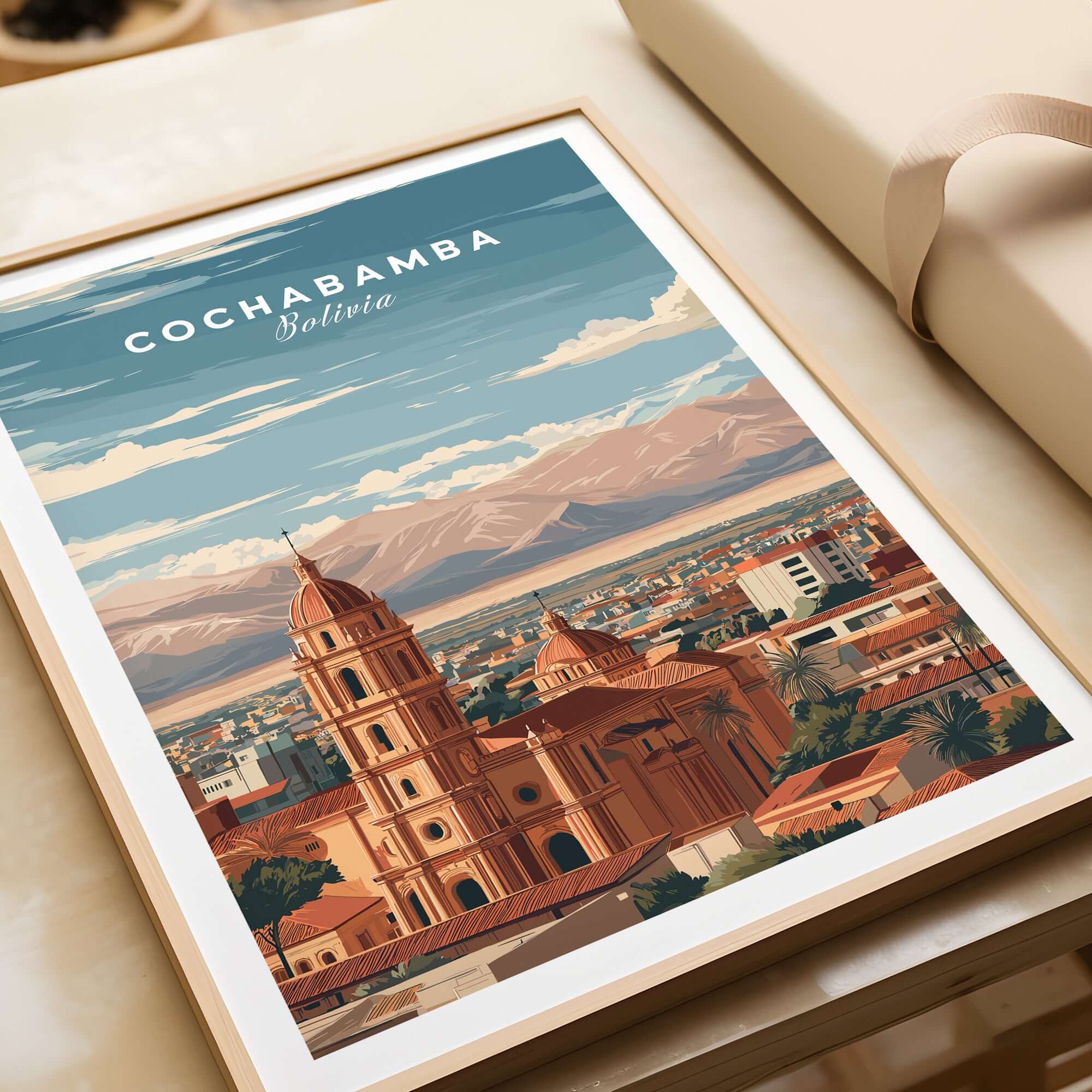 Cochabamba Travel Print Bolivia Wall Art showcasing the vibrant cityscape and mountains of Cochabamba, Bolivia.
