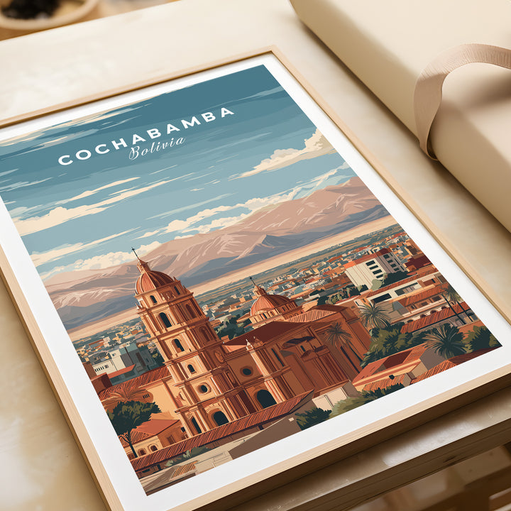 Cochabamba travel print featuring urban and natural landscapes of Bolivia, perfect for wall decor.