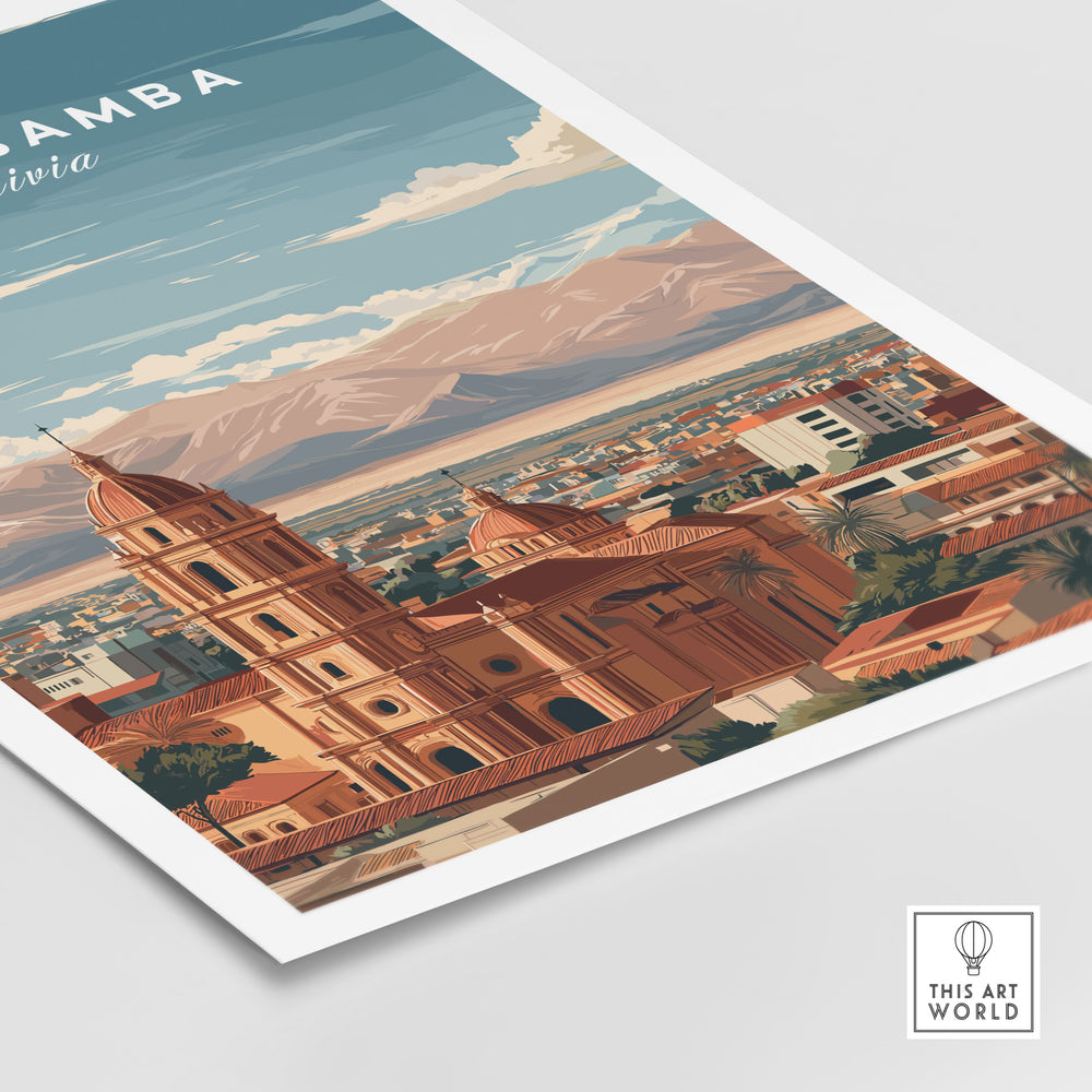Cochabamba Travel Print showcasing urban architecture and Andean landscapes of Bolivia, perfect for wall art decor.
