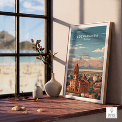 Cochabamba Travel Print Bolivia Wall Art displayed in a stylish interior with natural light and decorative elements.