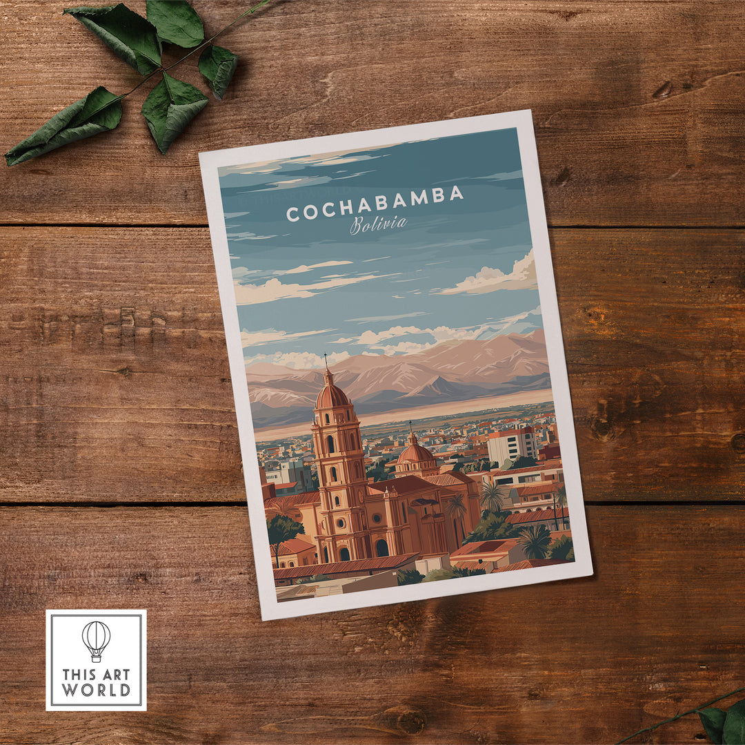 Cochabamba Bolivia travel print showcasing cityscape and mountains, perfect wall art for South American culture lovers.