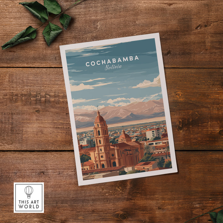Cochabamba Bolivia travel print showcasing cityscape and mountains, perfect wall art for South American culture lovers.