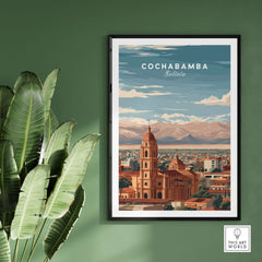 Cochabamba Travel Print Bolivia Wall Art displayed on a green wall with a vibrant plant and mountain backdrop.