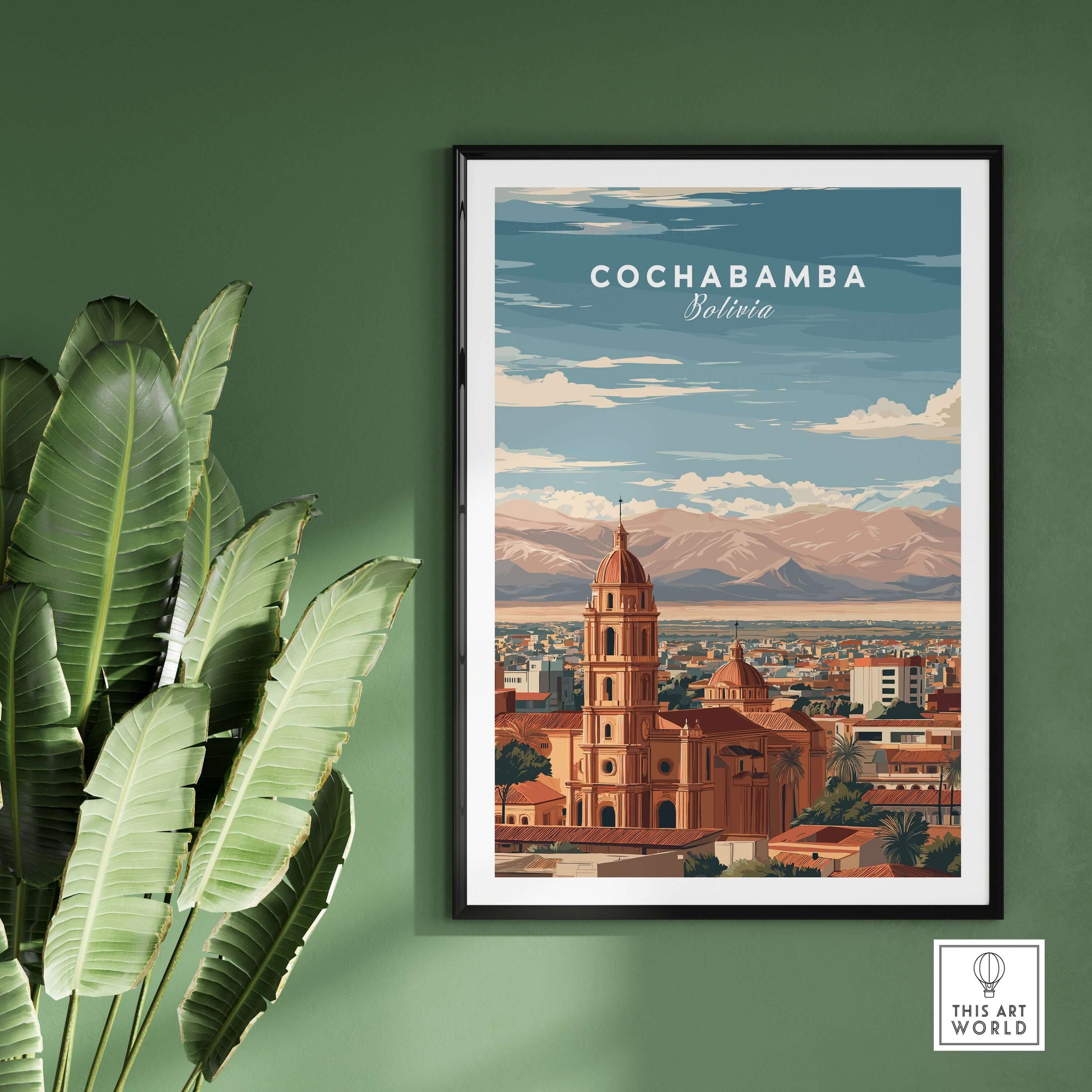 Cochabamba Travel Print Bolivia Wall Art displayed on a green wall with a vibrant plant and mountain backdrop.