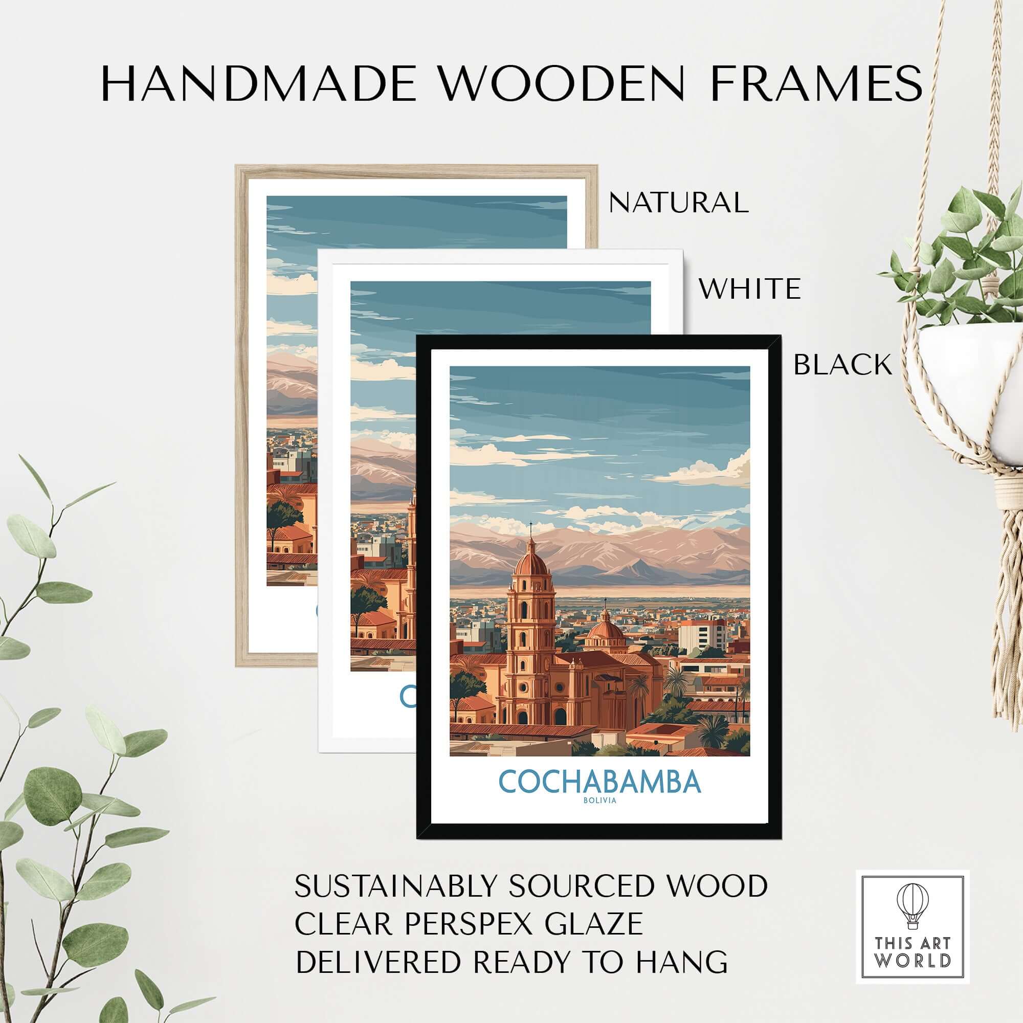 Cochabamba Bolivia Wall Art - South American Travel Decor in handmade wooden frames, featuring natural, white, and black options.