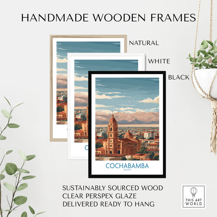 Handmade wooden frames in natural, white, and black for Cochabamba Bolivia wall art, ready to hang.