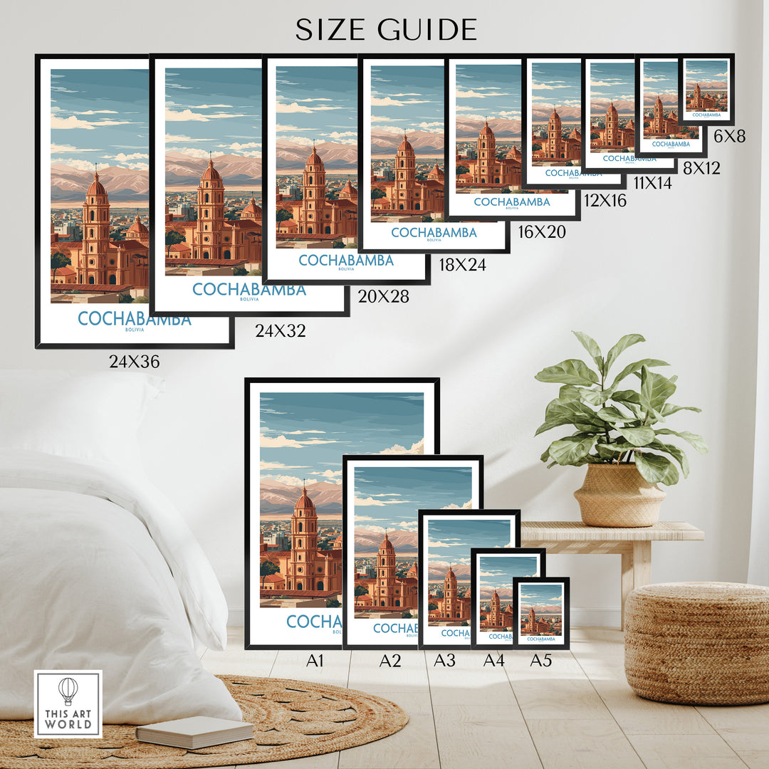 Size guide for Cochabamba Bolivia wall art featuring various frame dimensions in a cozy living room setting.