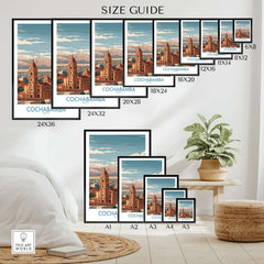 Cochabamba Bolivia Wall Art - South American Travel Decor size guide showcasing various frame sizes.