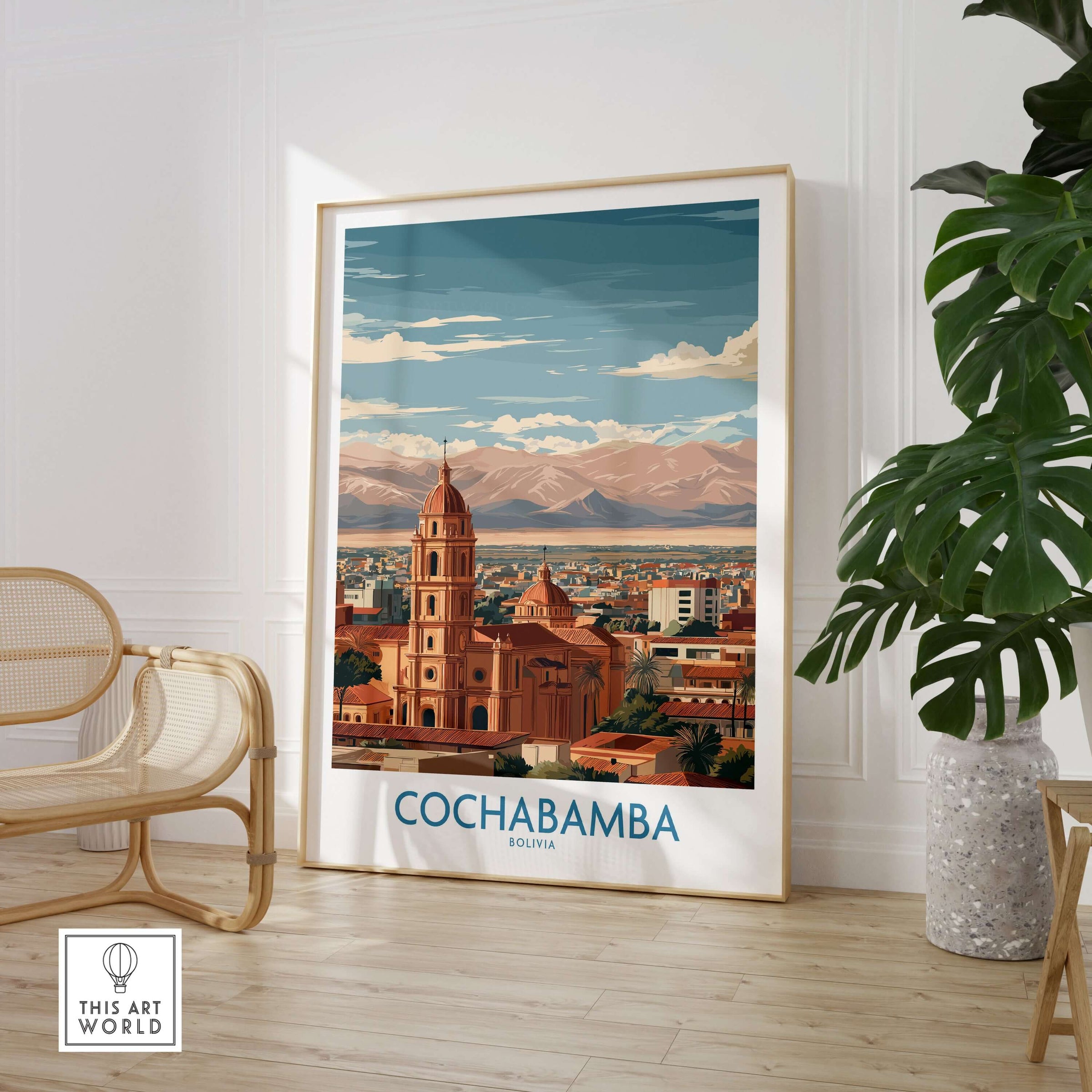 Cochabamba Bolivia Wall Art - South American Travel Decor displayed in modern interior with plant and seating.