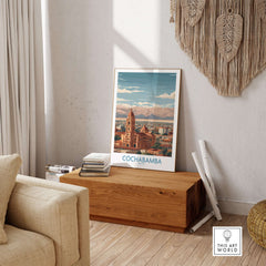 Cochabamba Bolivia Wall Art - South American Travel Decor displayed in a cozy room showcasing the city's landscape.