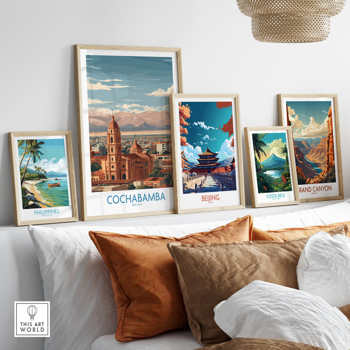 Vibrant wall art featuring Cochabamba, Bolivia, alongside other travel-themed pieces in a stylish home setting.