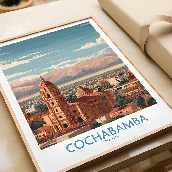Cochabamba Bolivia wall art featuring city landscape and mountains, perfect for travel decor and cultural enthusiasts.