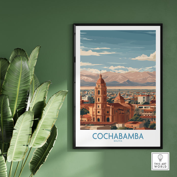 Cochabamba Bolivia wall art showcasing vibrant cityscape and mountains, perfect for travel decor.