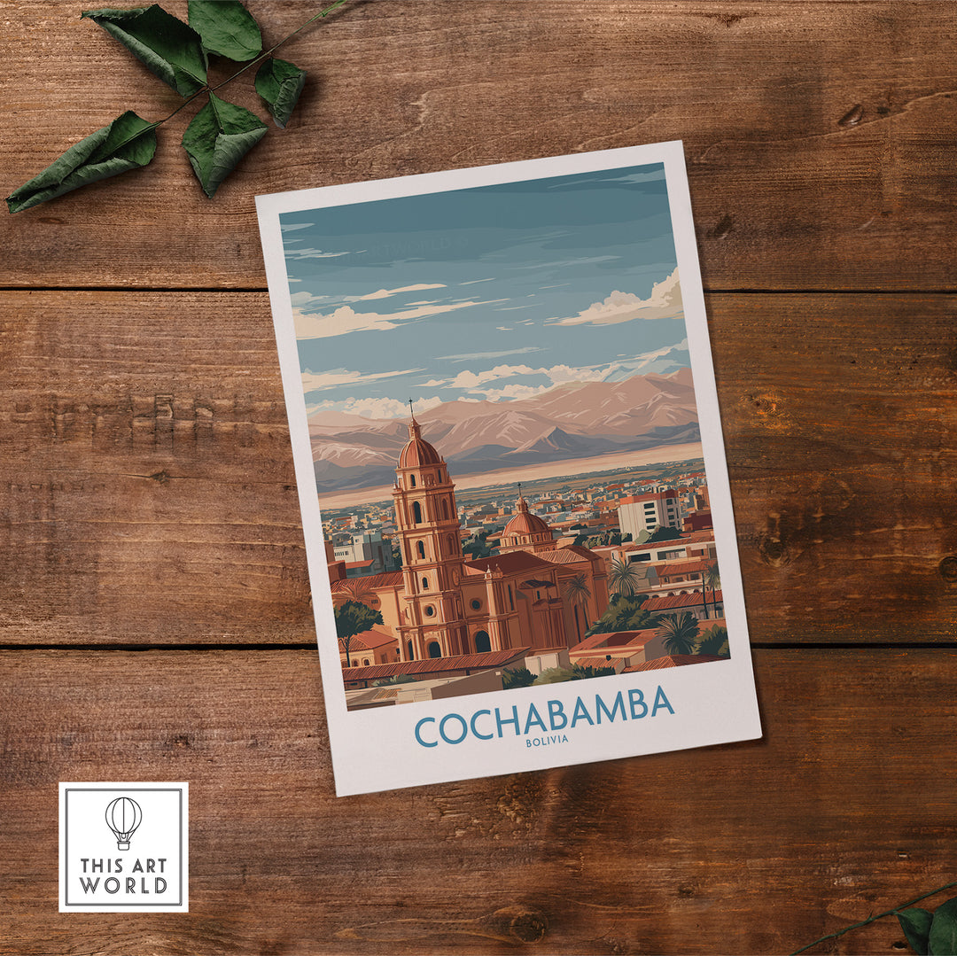 Cochabamba Bolivia wall art depicting city landscape and mountains, perfect for travel decor enthusiasts.