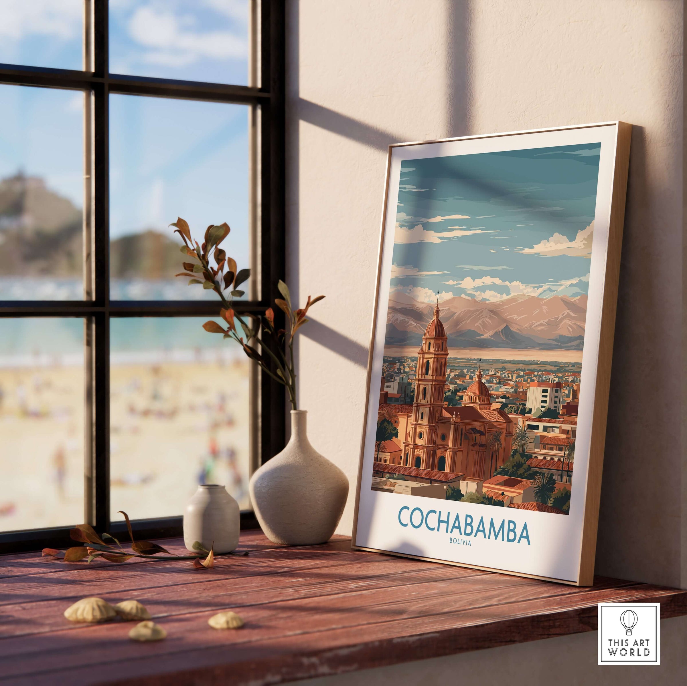 Cochabamba Bolivia Wall Art - South American Travel Decor displayed on a wooden table by a window.