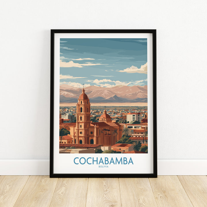 Framed wall art of Cochabamba, Bolivia showcasing landscapes and cultural landmarks.