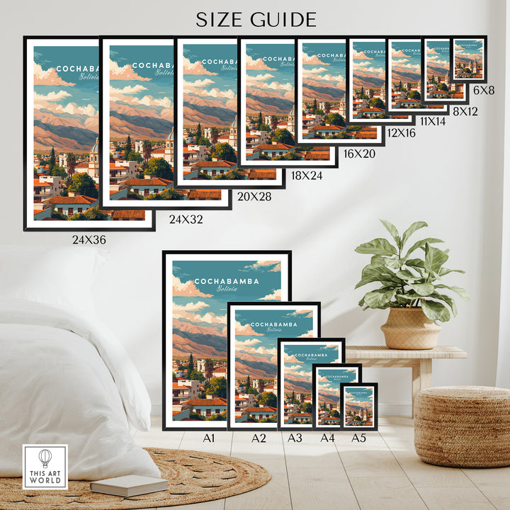 Cochabamba Bolivia cityscape poster size guide showcasing various framed options and dimensions.