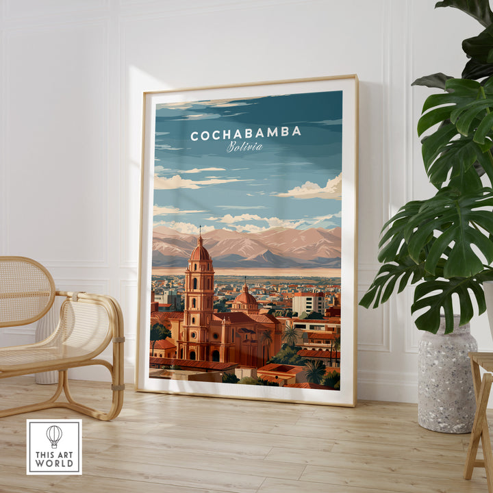 Cochabamba travel print wall art showcasing urban and natural beauty of Bolivia, perfect for home decor.