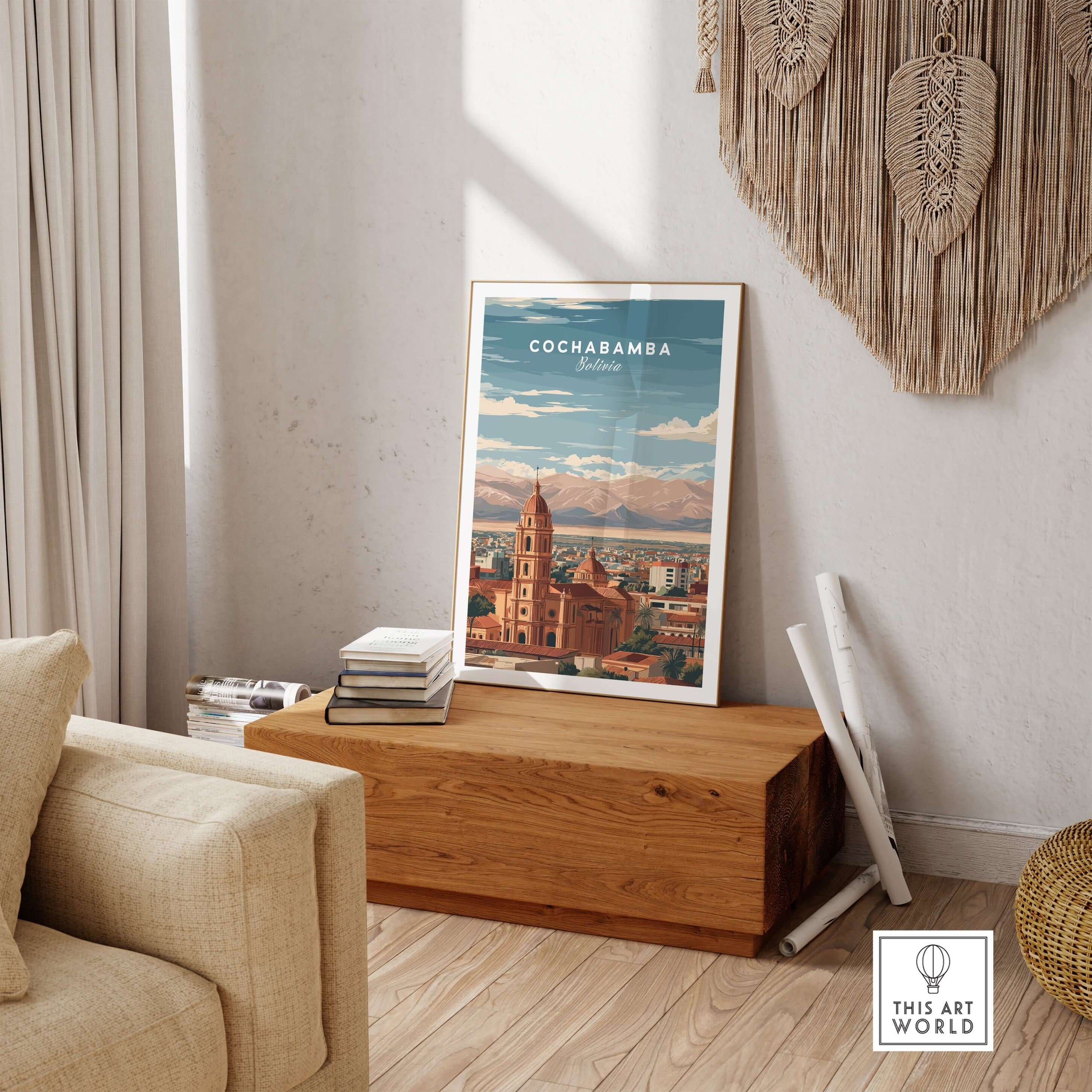 Cochabamba Travel Print Bolivia Wall Art displayed in a cozy living room setting with warm tones and natural decor.