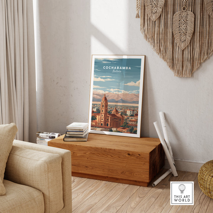 Cochabamba travel print showcasing Bolivia's stunning landscapes and urban charm in a stylish home setting.