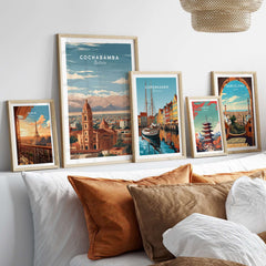 Cochabamba Travel Print Bolivia Wall Art displayed with other travel prints in stylish frames.
