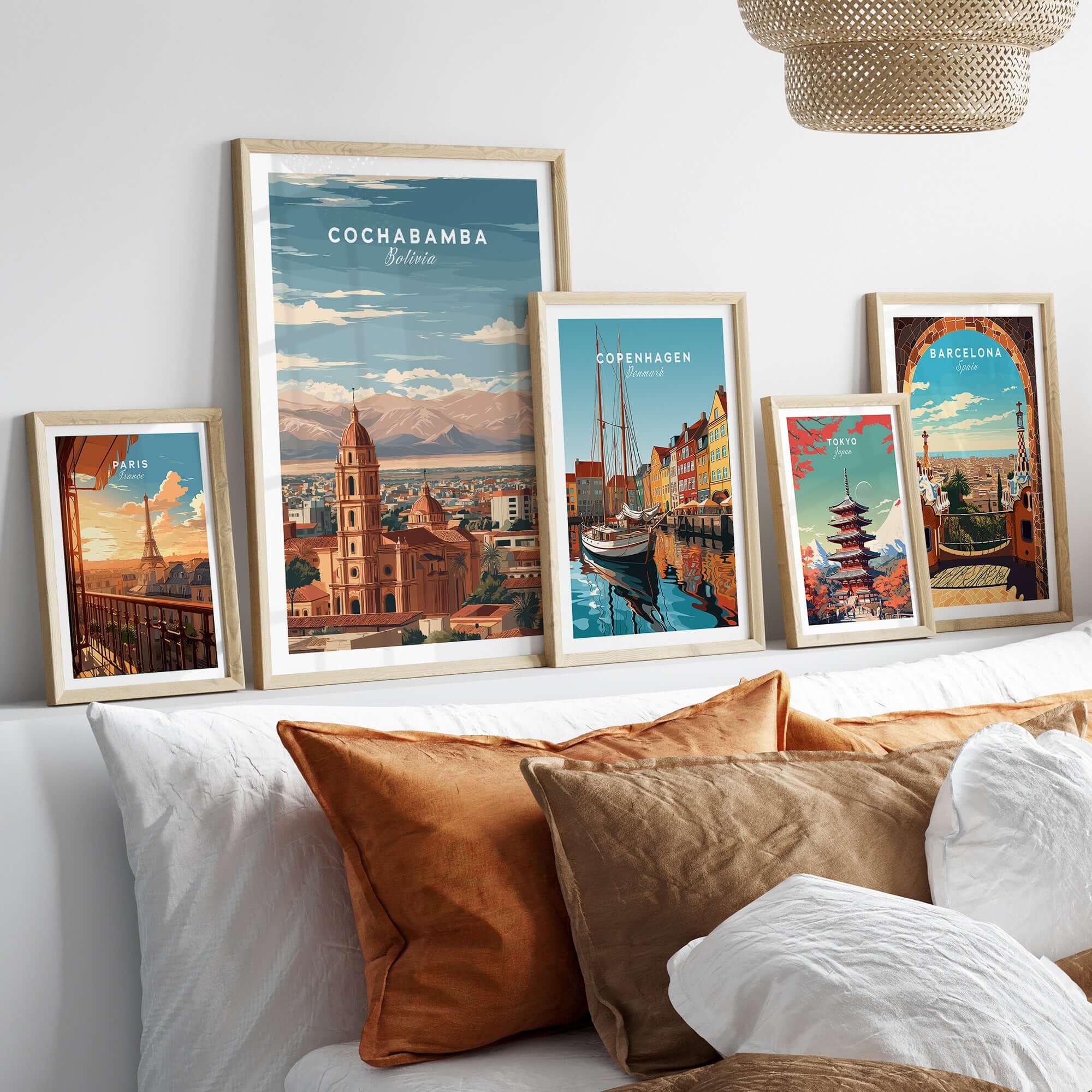 Cochabamba Travel Print Bolivia Wall Art displayed with other travel prints in stylish frames.