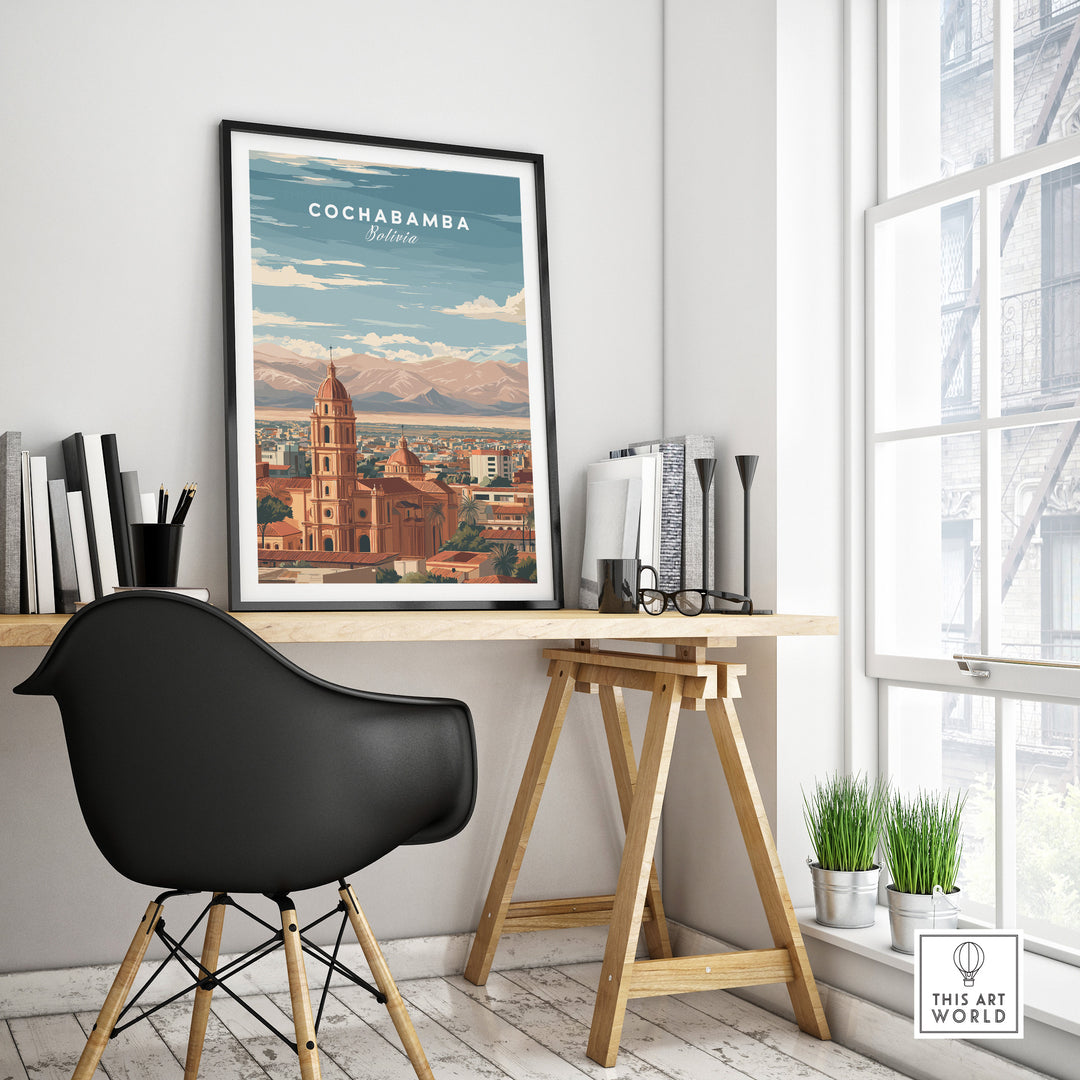 Cochabamba travel print wall art showcasing the cityscape and mountains of Bolivia in a stylish office setting.